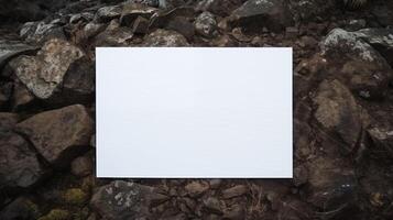 Blank white card mockup on rugged earthy-colored rocks. Wilderness setting. Empty paper template advertising image. Jagged surface and natural tones mock up product photorealistic photo
