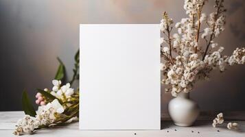 Minimalist vertical blank card displayed alongside delicate cotton branches. White vase flowers invitation template advertising image. Elegant display mock up product photorealistic photo