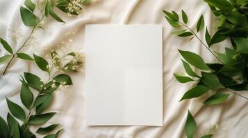 Blank paper mockup with delicate flowers and green leaves on soft beige fabric. Botanical invitation template advertising image. Nature-themed design mock up product photorealistic photo