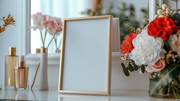 Picture with golden frame with perfumes and flowers mockup. Photography template near vanity mirror advertising image. Banner mock up on dressing table product photorealistic photo
