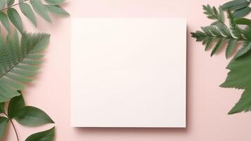 Blank square card surrounded by fern green leaves on soft peach background. Minimalistic elegance paper template advertising image. Soothing botanical composition mock up photorealistic photo