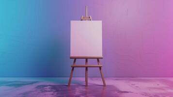 Picture mockup on easel in art workshop. Artist canvas template in empty studio advertising image. Creative drawing mock up in interior of color room product photorealistic photo