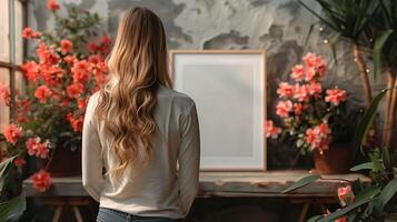 Woman looking at picture mockup and flowers in rural house. Female standing by photography template advertising image. Memory concept with drawing mock up product photorealistic photo