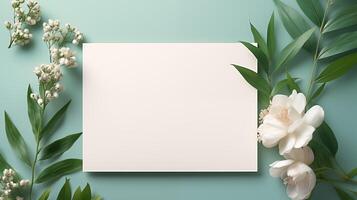 Blank card mockup with white flowers greenery on light green background. Elegantly arranged paper template advertising image. Fresh botanical feel mock up product photorealistic photo