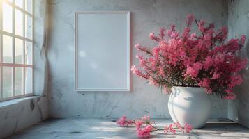 Houseplant with pink flowers and picture mockup. Empty canvas in frame and bouquet near window template advertising image. Rustic room with photo mock up product photorealistic