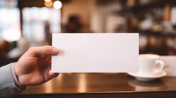 Hand holding blank card mockup in softly lit cafe environment. Blurred background, cup of coffee. Business promotion template advertising image. Branding mock up product photorealistic photo