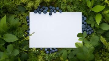 Blueberries greenery bordering white card mockup. Lush green plants bilberries template advertising image. Botanical background. Organic nature-inspired mock up product photorealistic photo