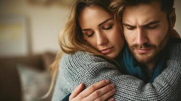 Supportive wife embracing husband comforting closeup image. Spouses in knit sweaters and soft indoor lighting close up photography. Couple bonding. Warm hugging concept photo realistic