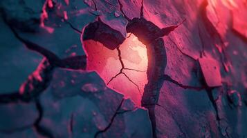 Sunlit heart-shaped cavity within cracked textured surface background image. Illuminated by warm pinkish light photo backdrop wallpaper realistic. Hidden passion concept photorealistic