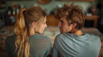 Couple sharing quiet moment together image. Girlfriend boyfriend gazing at each other with soft expressions photography scene. Relationship intimacy concept photorealistic photo