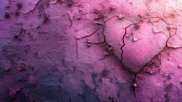 Textured cracked wall forms shape of heart pinkish hues background image. Rough peeling surface photo backdrop wallpaper realistic. Emotional scars, heartbreak concept photorealistic