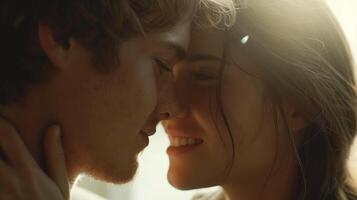 Smiling couple gently touching foreheads with soft lighting closeup image. Boyfriend girlfriend romantic atmosphere close up photography. Deep affection concept photo realistic