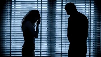 Shadowed couple in emotional distance against window blinds image. Distant and troubled spouses photography scene. Cool moody lighting. Sadness relationship concept photorealistic photo