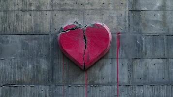 Red heart with visible cracks on grey concrete wall background image. Paint drips running down industrial surface photo backdrop wallpaper realistic. Broken love concept photorealistic