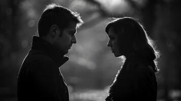 Couple standing face to face in unresolved conflict black and white image. Spouses serious expressions and intense eye contact photography. Problems relationship concept photorealistic photo