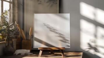 Small poster mockup on wooden stand in shady studio. Drawing template with canvas in artist workshop advertising image. Artwork mock up on master table product photorealistic photo