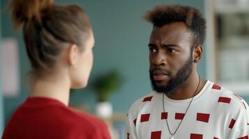 Intense discussion between two people image. Black man with serious expression listens intently caucasian woman photography scene wallpaper. Relationships concept photorealistic photo