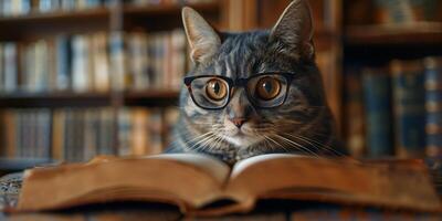 Cat wearing glasses sits and reads a book in the library photo