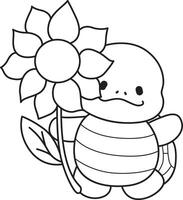 Turtle with big sun flower. Free printable cute turtle for kindergarten. Preschool outline printable education turtle animal. vector