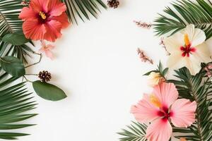 Tropical floral frame composition creating copy space on white background Christmas, New Year photo