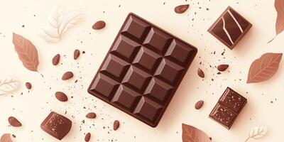 Chocolate bar floating with almonds and chocolate pieces on cream background photo