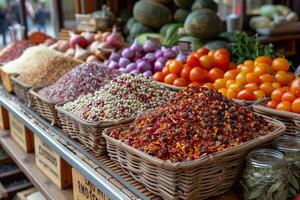A grocery store display filled with a variety of fresh fruits and vegetables photo