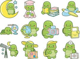 Turtle in the variation of smart turtle elements. Kawaii turtle daily life sticker cute. Cute turtle mascot illustrations. vector