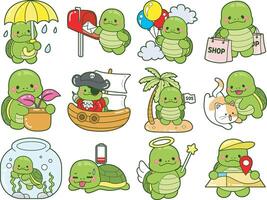 Turtle in the variation of cute daily life routine mascot turtle. Kawaii turtle daily life sticker cute. Cute turtle mascot illustrations. vector