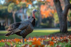 A turkey stands in grass in front of trees photo