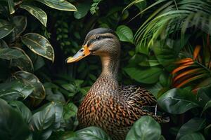 A duck is standing in the middle of a vibrant, green forest photo