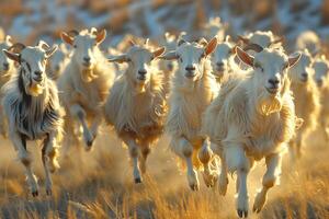 A herd of sheep running swiftly across a dry grass field photo