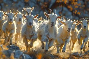 A herd of goats running quickly through an open field photo