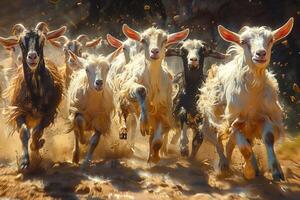 A herd of goats running energetically across a dusty field photo