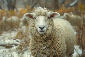 A white sheep standing in a snowy field on a cold winter day photo