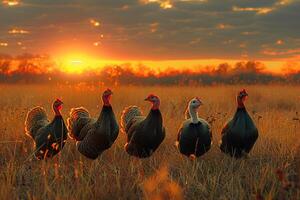 A group of turkeys standing in a field during sunset photo