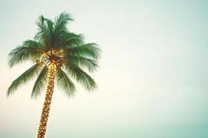 Tropical coconut palm tree illuminated by string lights at dusk Christmas, New Year photo