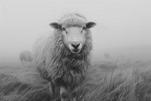 Black and white image of a sheep grazing in a foggy field photo