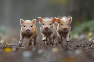 Group of three piglets running through a field photo