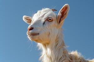 A close-up view of a goat with a sky background photo
