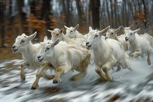A herd of goats running through snowy terrain photo