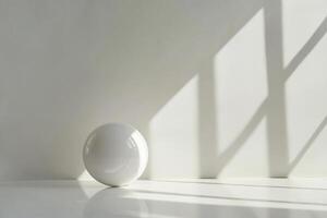 White sphere casting a shadow on white surface with window shadow photo