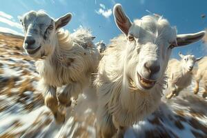 A herd of sheep runs energetically through a snowy field photo