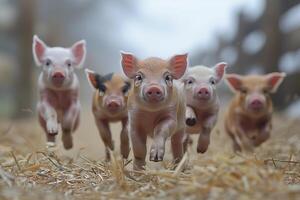A group of small piglets sprinting through a lush field photo