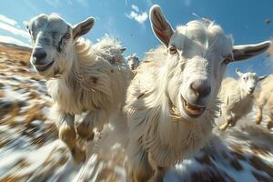 A herd of sheep is running through a snow covered field photo