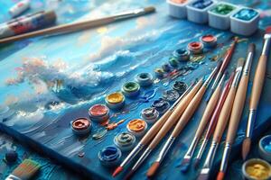 Detailed view of open paint tubes and various brushes arranged on a table photo