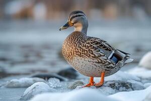 A duck stands on ice floating in water photo