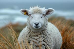 A close view of a sheep peacefully grazing in a lush green field photo