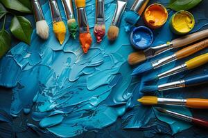 A group of paint brushes neatly arranged on a vibrant blue surface photo