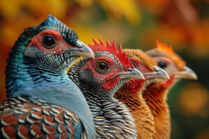 A cluster of vibrant chickens standing side by side in a row photo