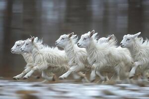 A herd of white goats running across a snowy field photo